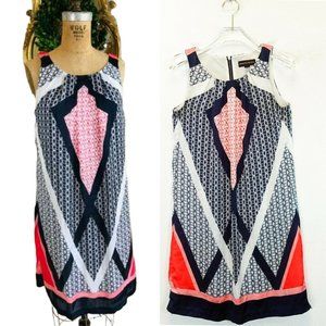 DANA BUCHMAN Womens Navy White Mini Dress XS Geometric Circle Sleeveless Pleated